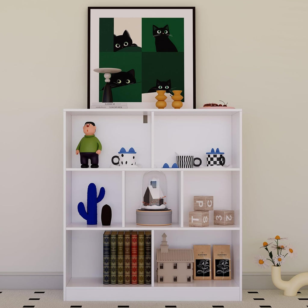 White 7-Cube 3-Tier Wooden Bookcase