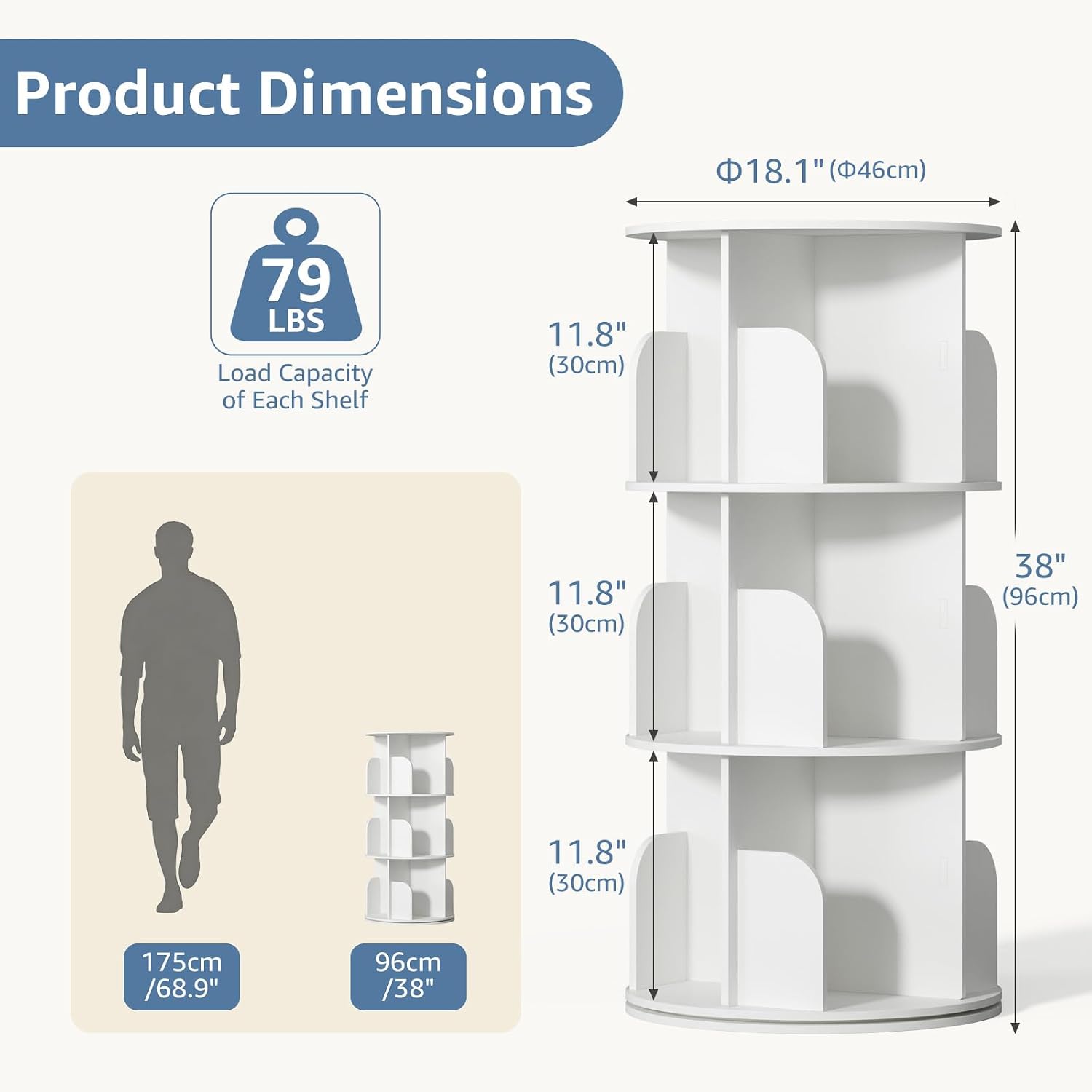 White 3-Tier Rotating Bookshelf Tower