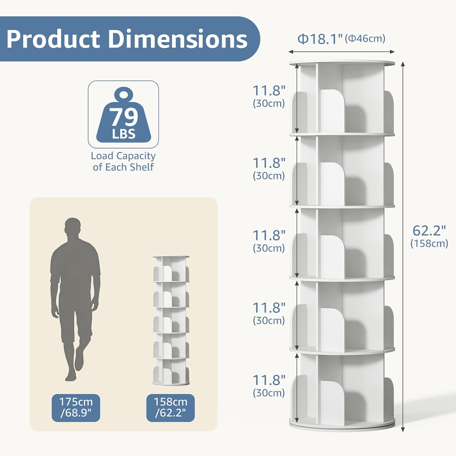 White 5-Tier Rotating Bookshelf Tower