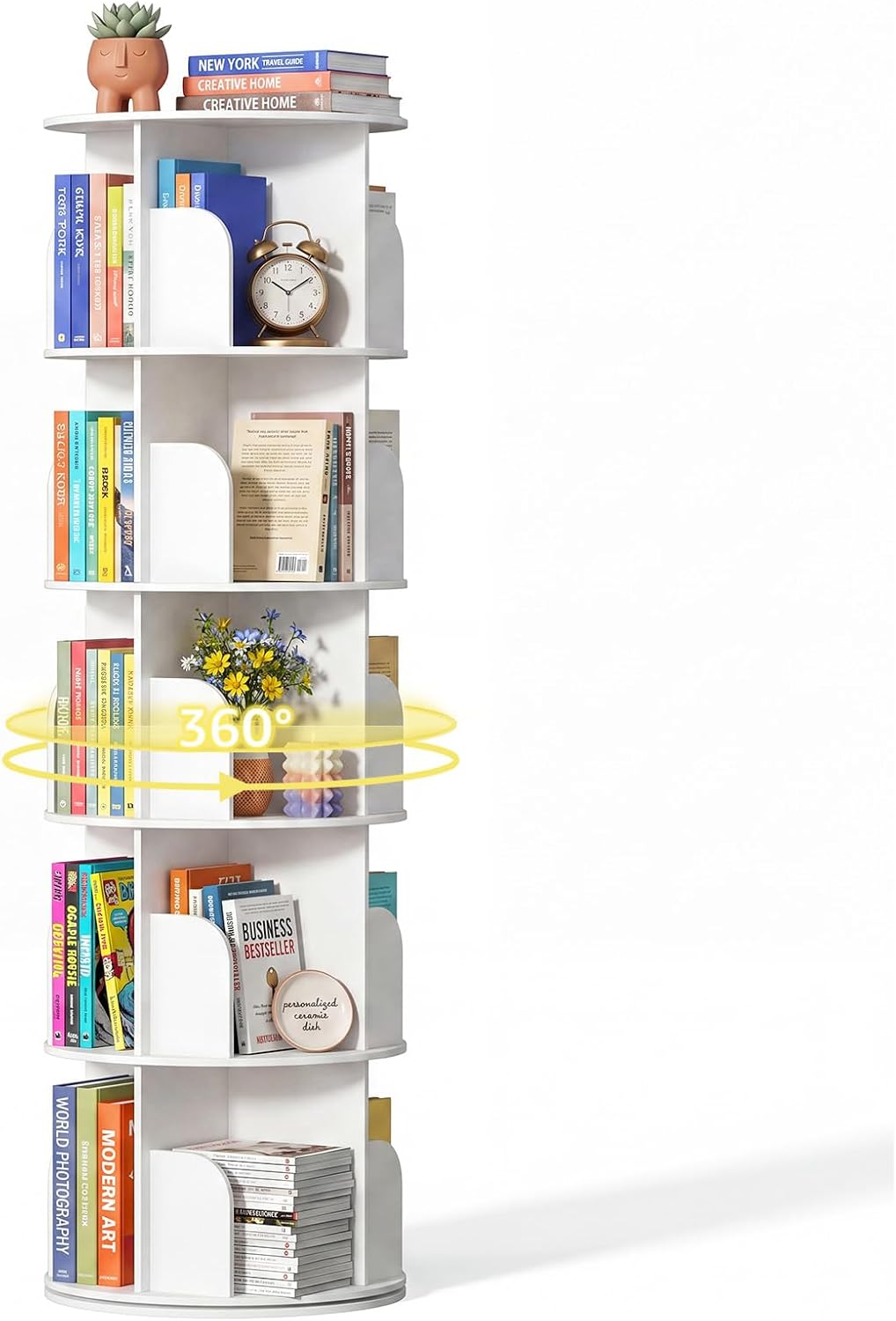 White 5-Tier Rotating Bookshelf Tower