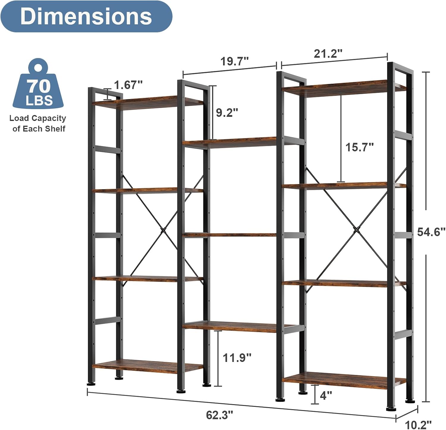 Rust Triple Column 4-Tier Bookshelf
