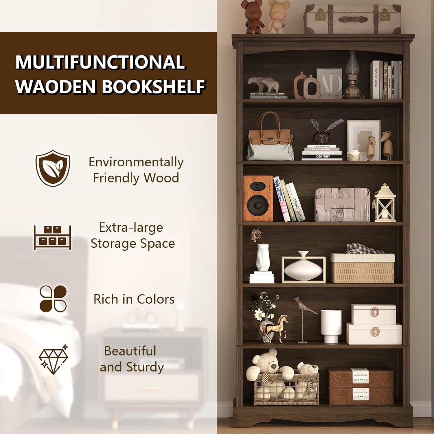 6-Tier Wooden Bookshelf