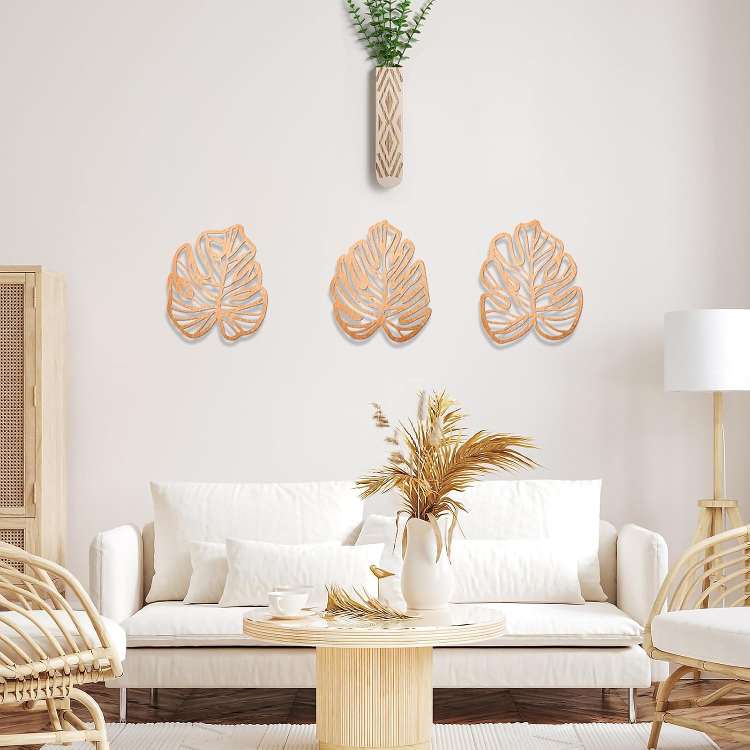 3Pcs Light Brown Palm Leaves Wood Wall Decor