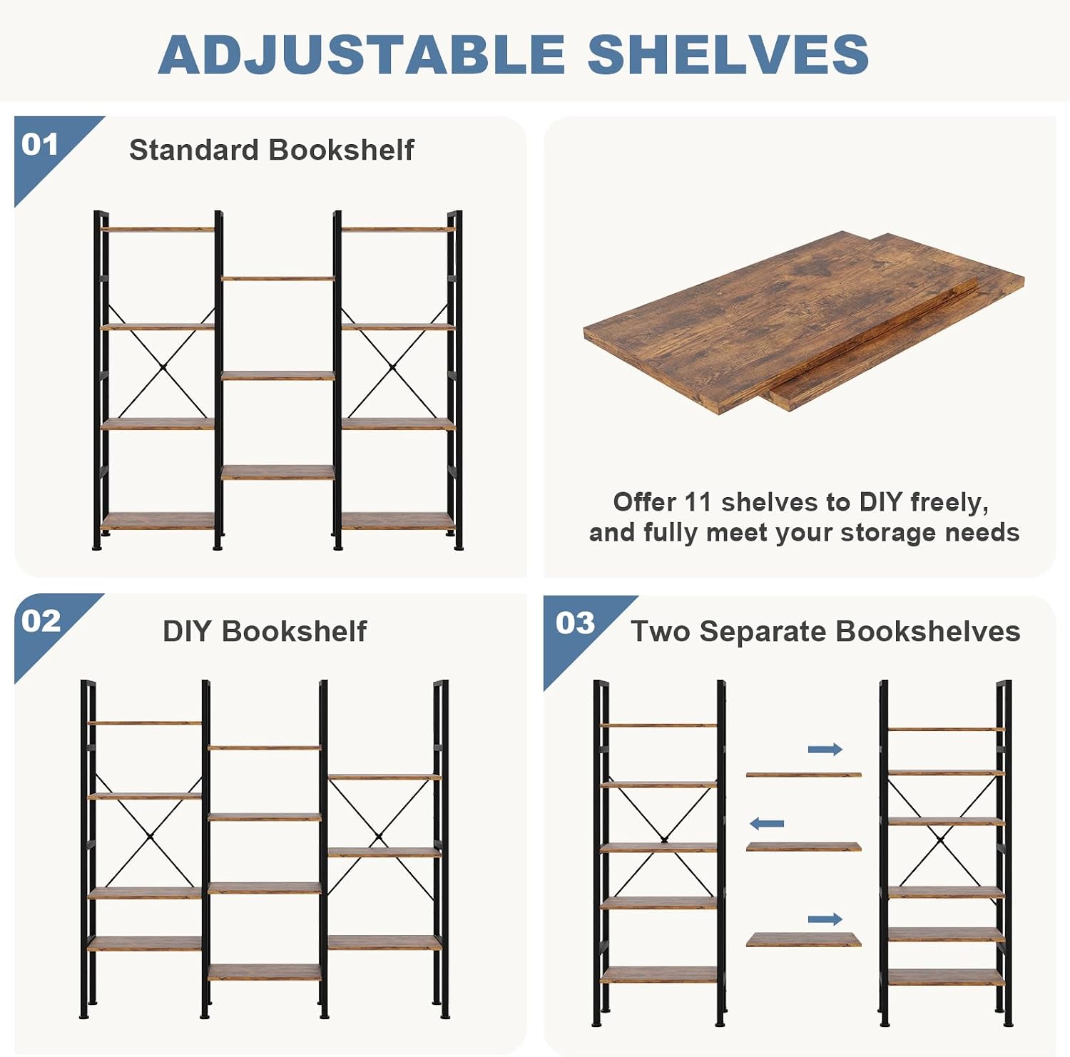 Rust Triple Column 4-Tier Bookshelf