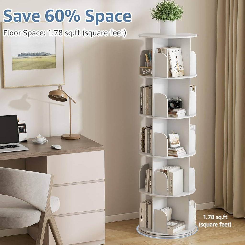 White 5-Tier Rotating Bookshelf Tower