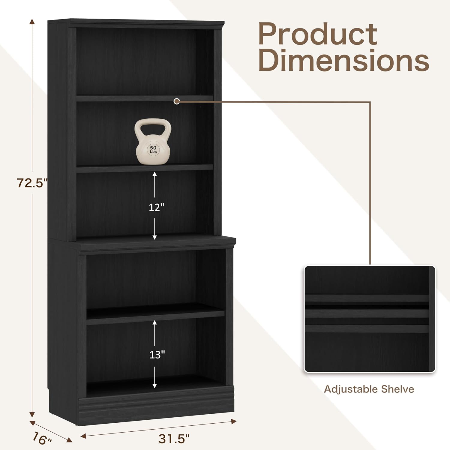 Black 5-Tier Adjustable Multi-Depth Bookshelf