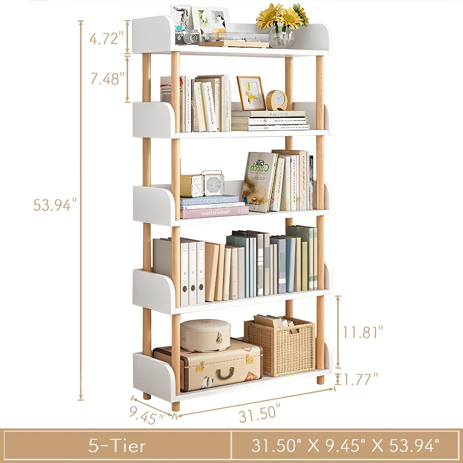 Warm White 5-Tier Wooden Bookcase