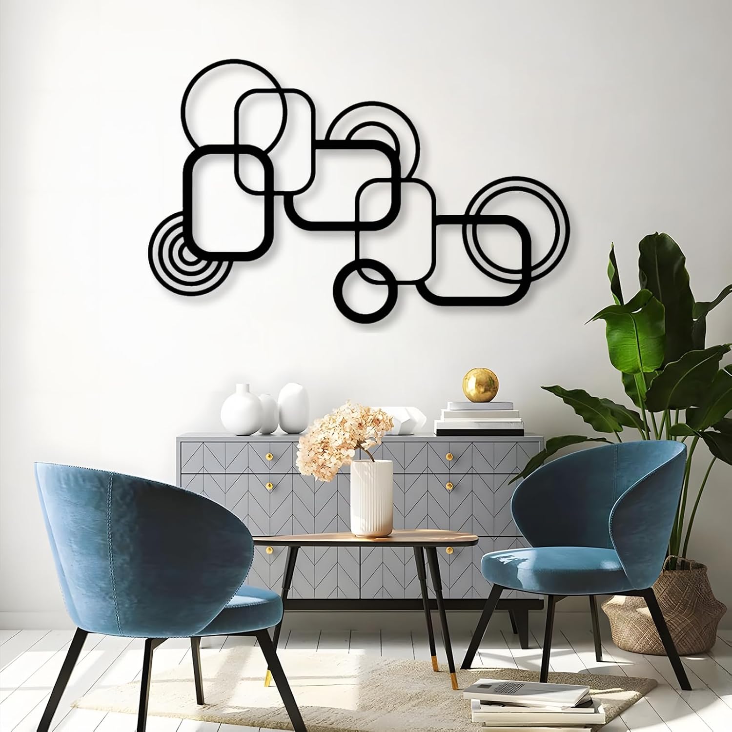 White Geometric Metal Line Wall Art