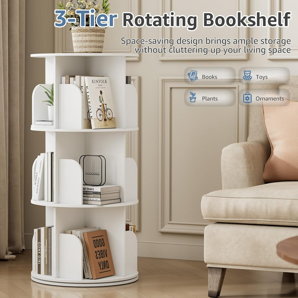 White 3-Tier Rotating Bookshelf Tower