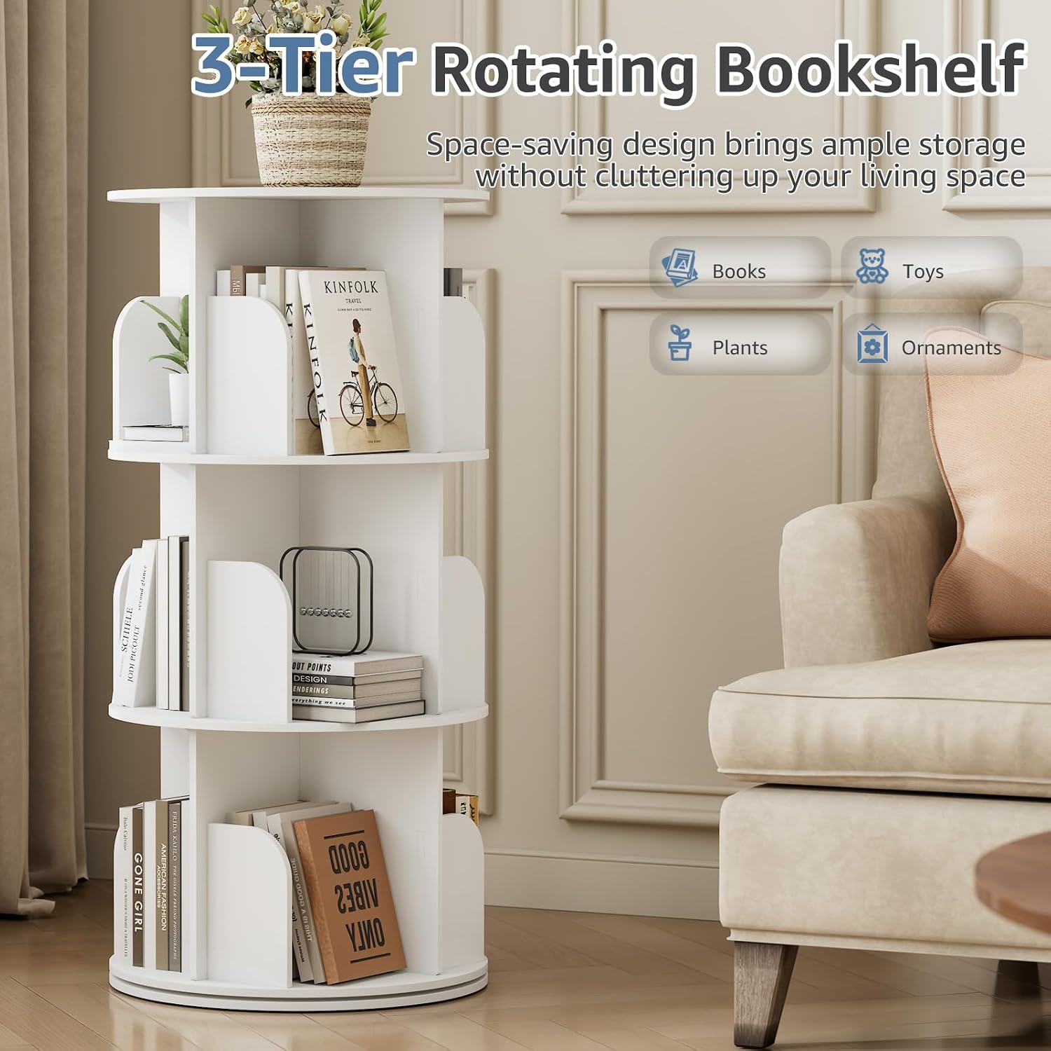 White 3-Tier Rotating Bookshelf Tower