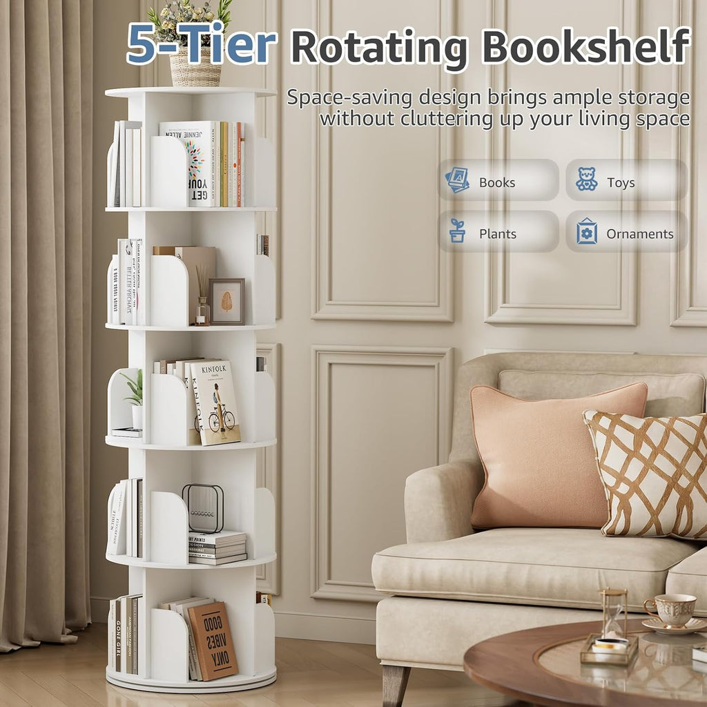 White 5-Tier Rotating Bookshelf Tower