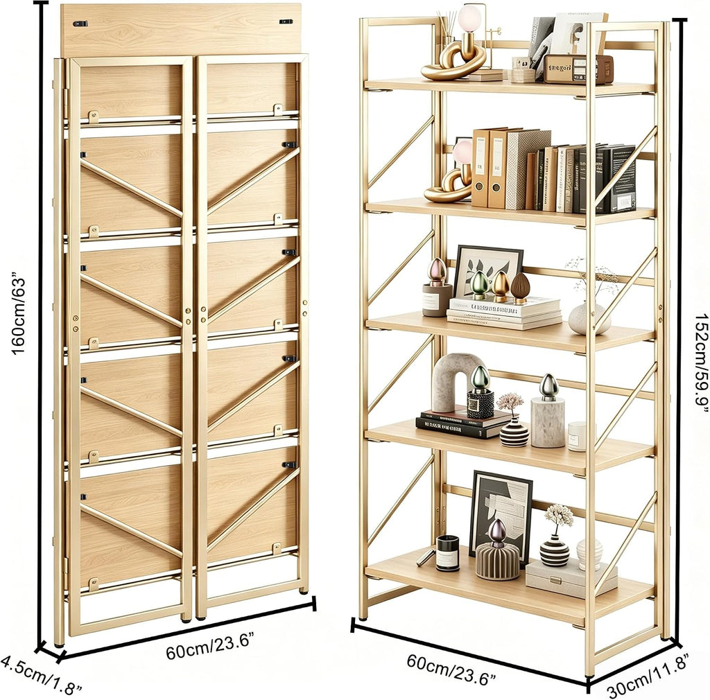 5-Tier Gold Natural Wood Folding Bookshelf