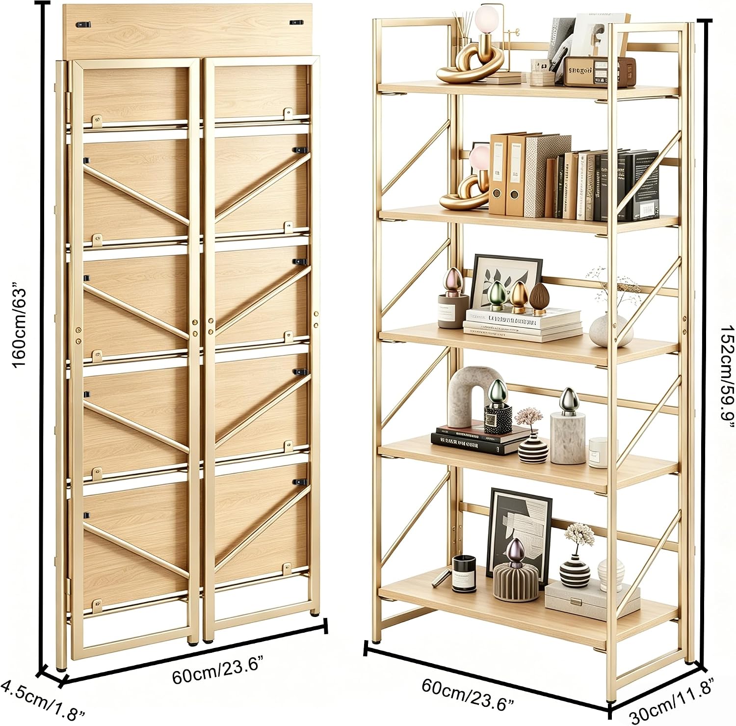 5-Tier Gold Natural Wood Folding Bookshelf