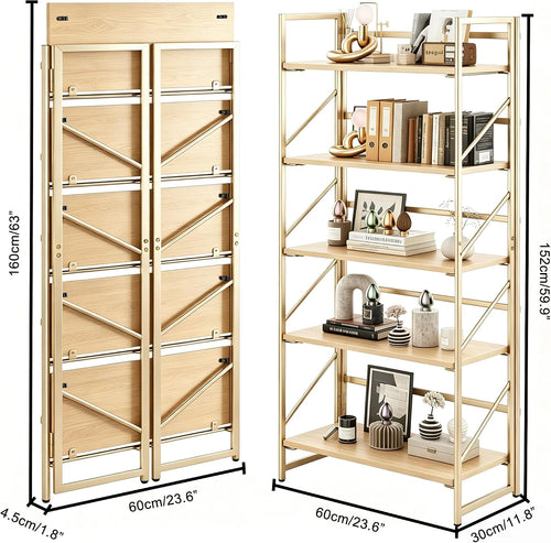 5-Tier Gold Natural Wood Folding Bookshelf