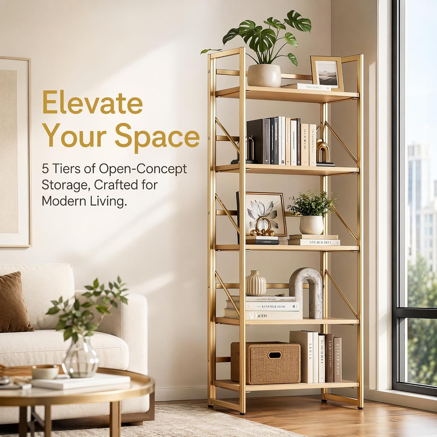 5-Tier Gold Natural Wood Folding Bookshelf