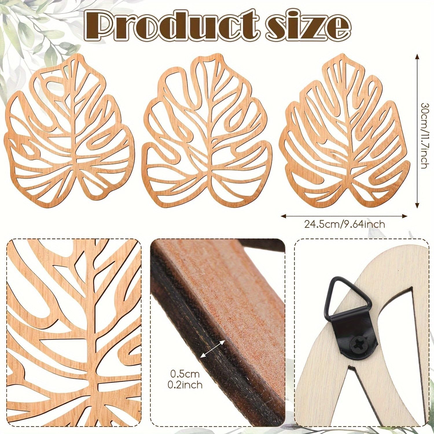 3Pcs Light Brown Palm Leaves Wood Wall Decor