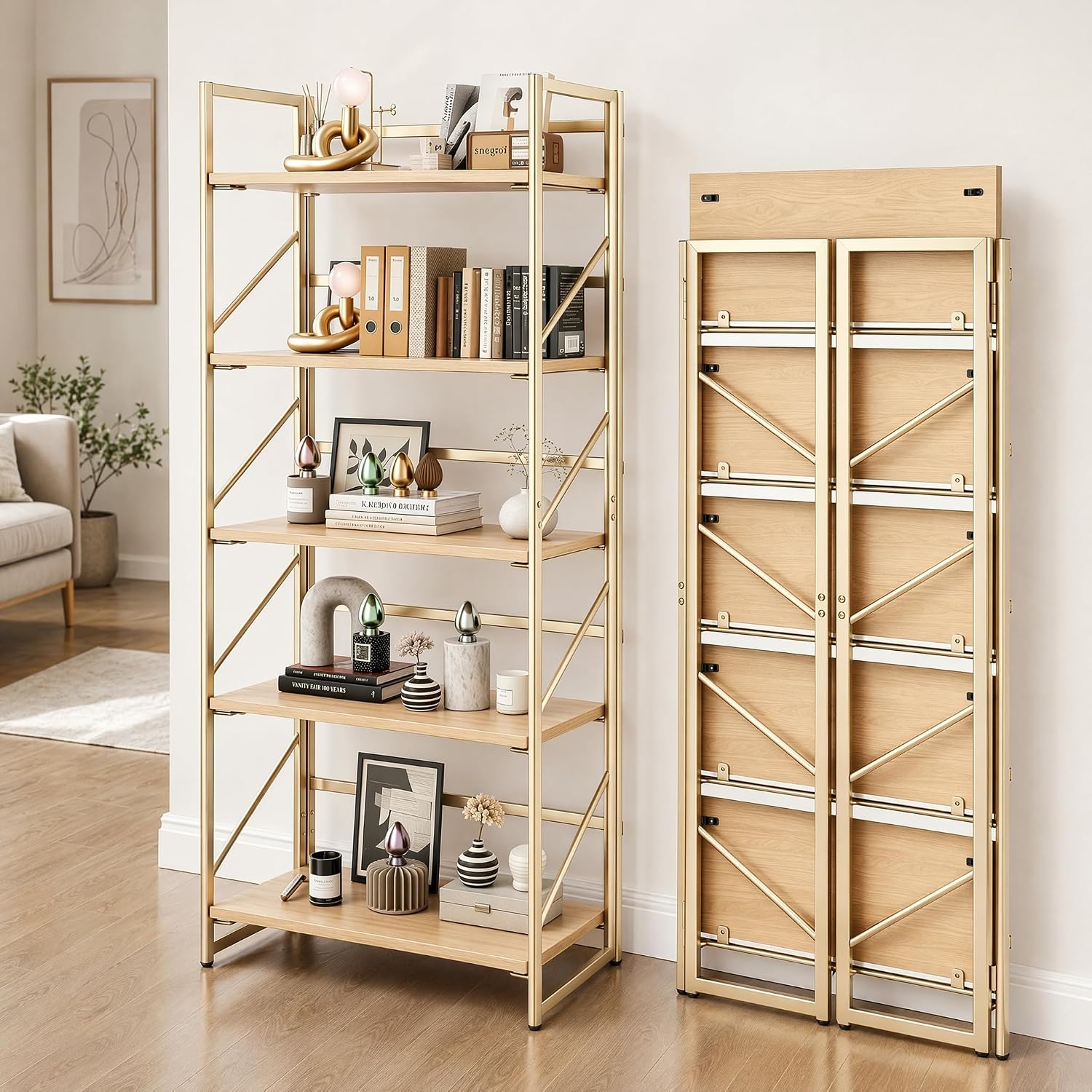5-Tier Gold Natural Wood Folding Bookshelf