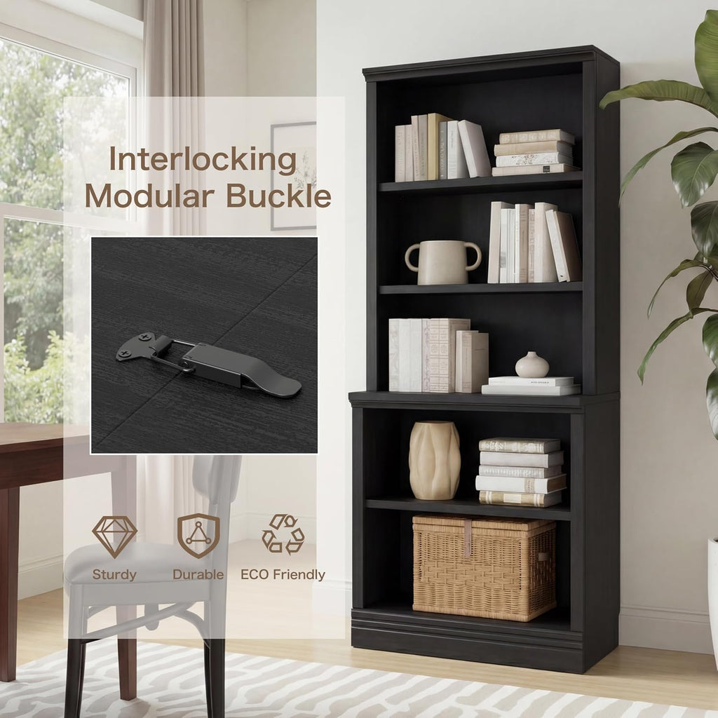 Black 5-Tier Adjustable Multi-Depth Bookshelf