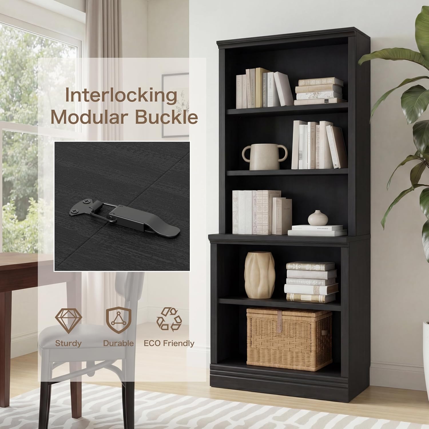 Black 5-Tier Adjustable Multi-Depth Bookshelf