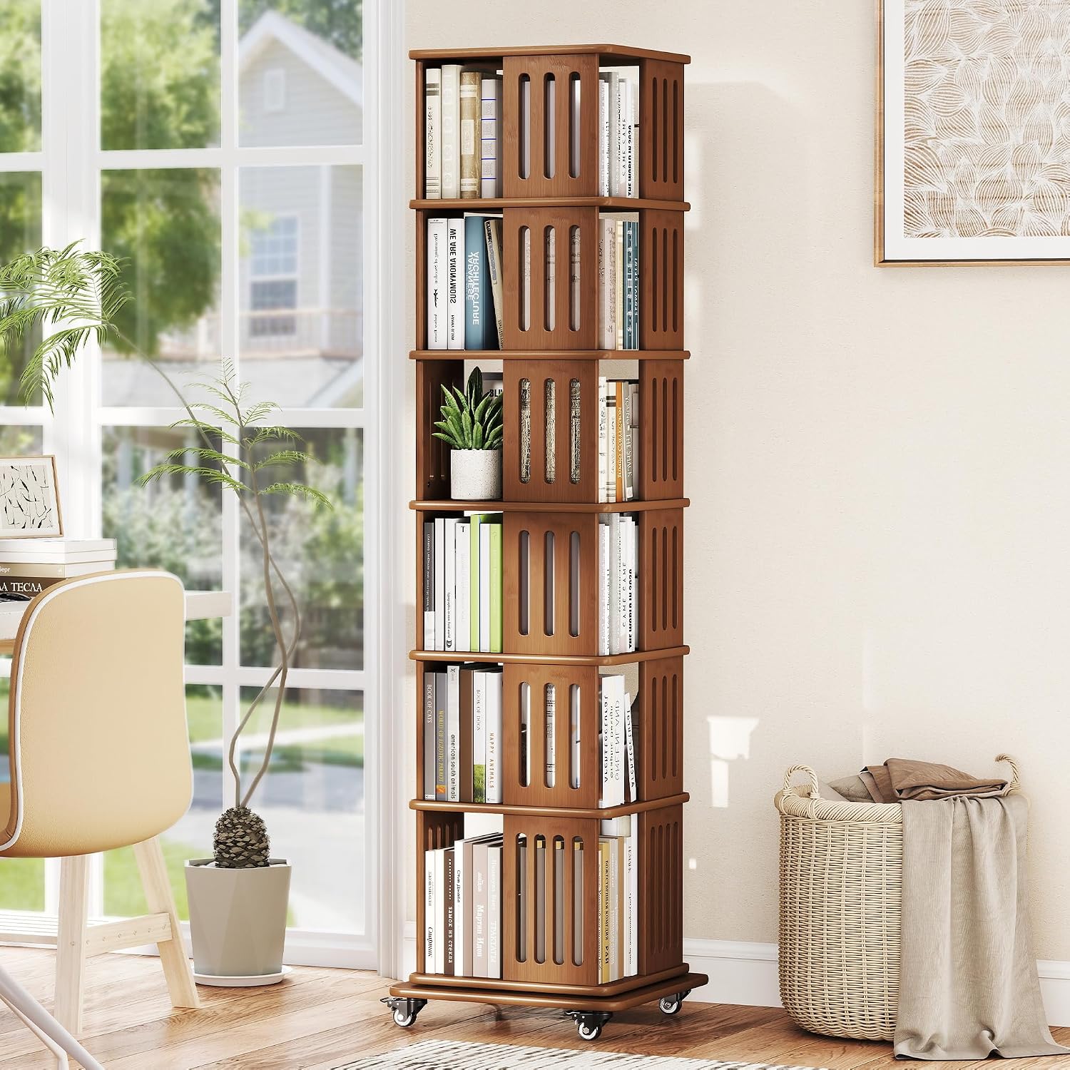 Baoz 6-Tier Walnut Bamboo Rotating Bookshelf