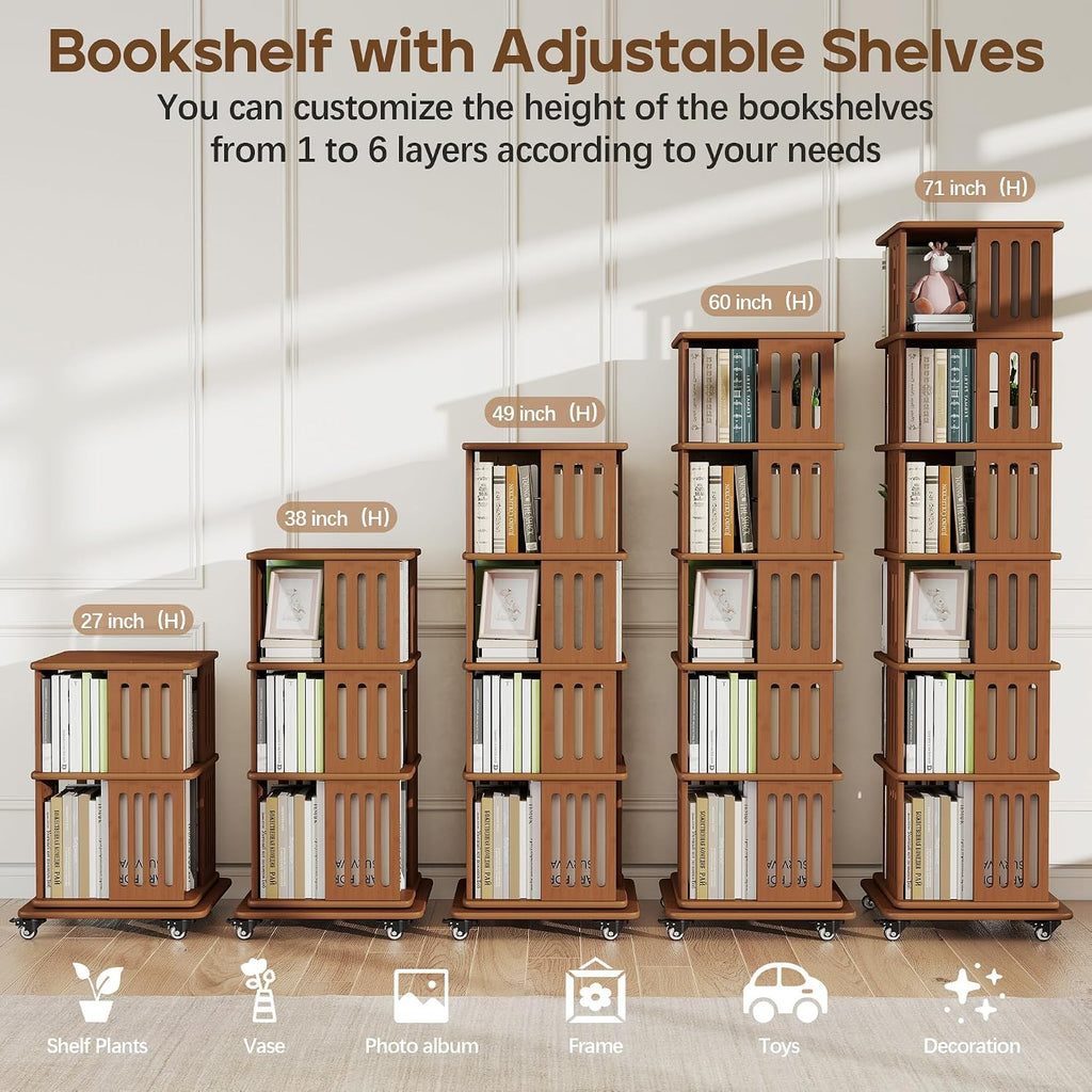 Baoz 6-Tier Walnut Bamboo Rotating Bookshelf