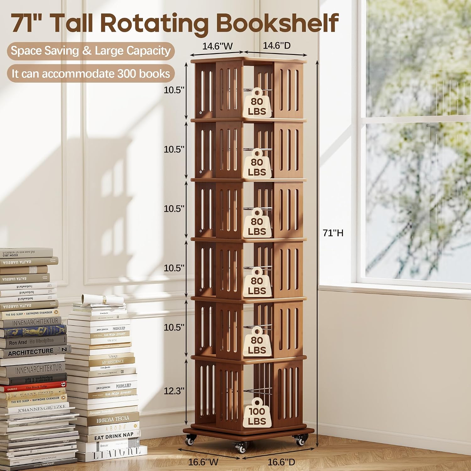 Baoz 6-Tier Walnut Bamboo Rotating Bookshelf