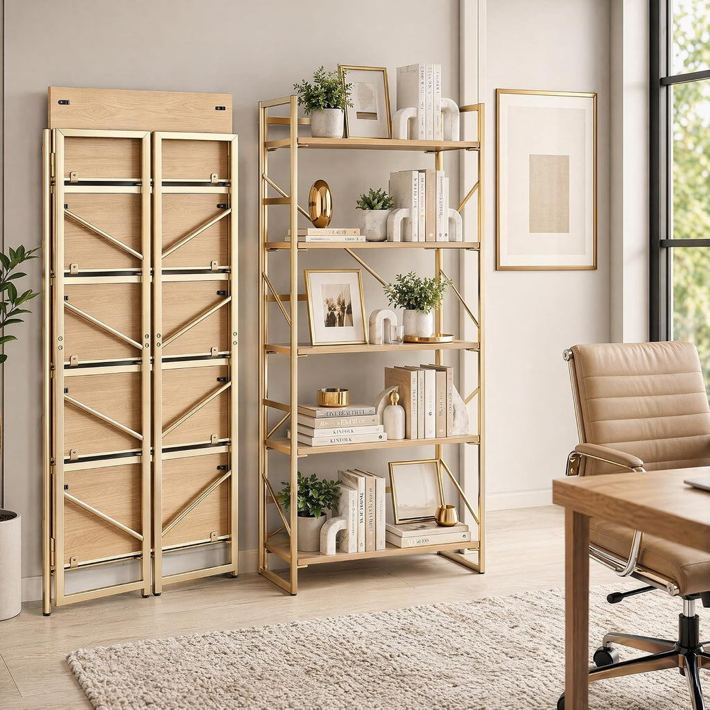 5-Tier Gold Natural Wood Folding Bookshelf