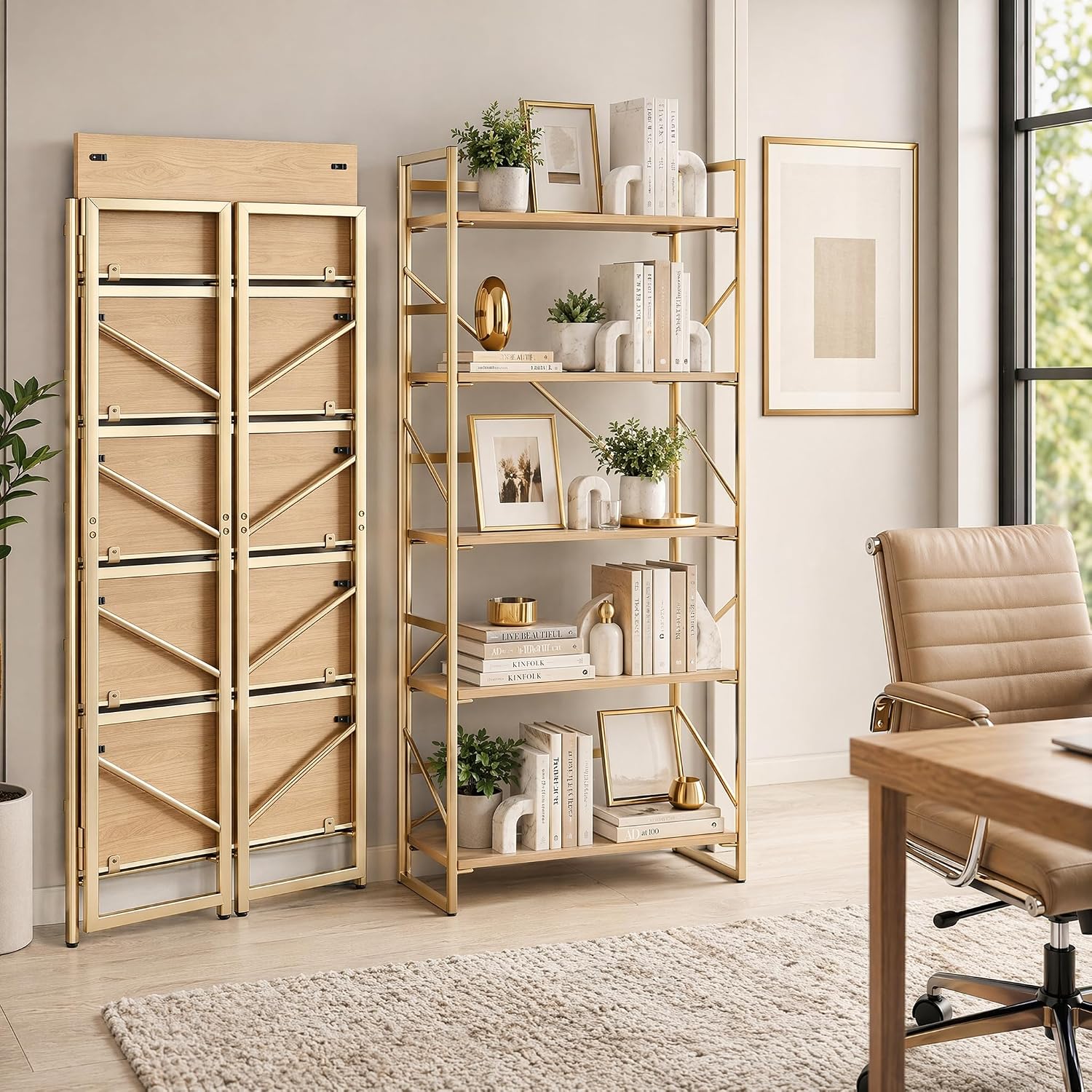 5-Tier Gold Natural Wood Folding Bookshelf