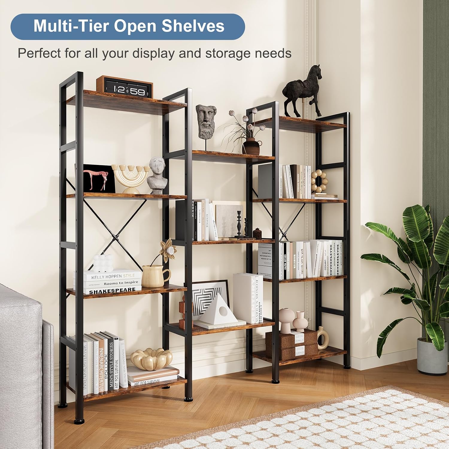 Rust Triple Column 4-Tier Bookshelf