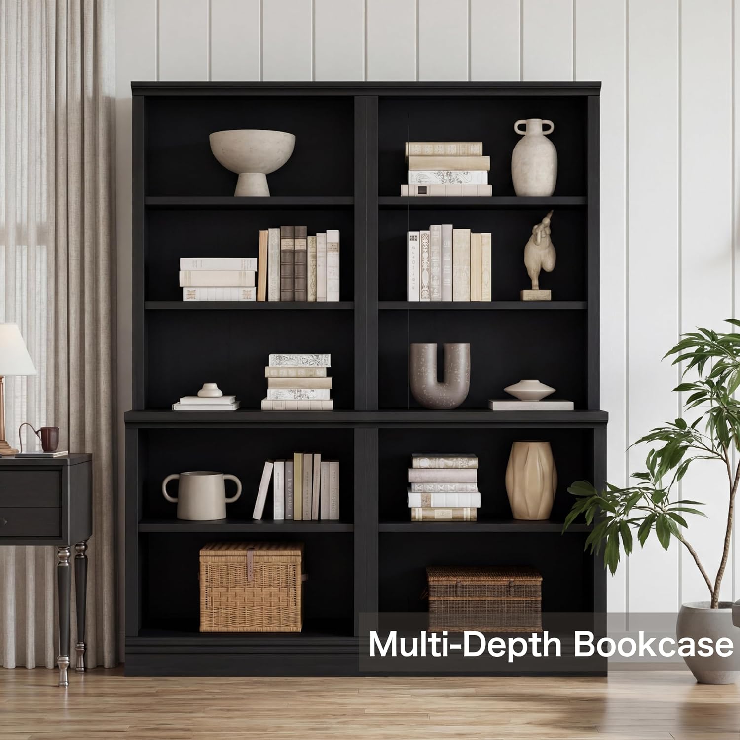Black 5-Tier Adjustable Multi-Depth Bookshelf