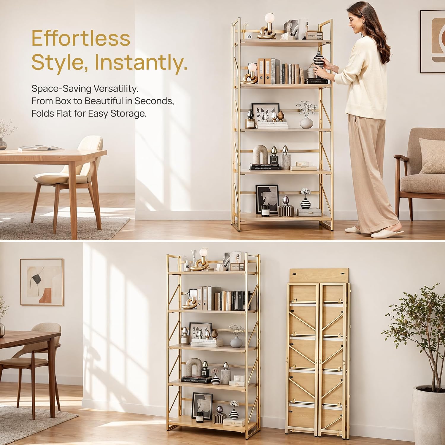 5-Tier Gold Natural Wood Folding Bookshelf