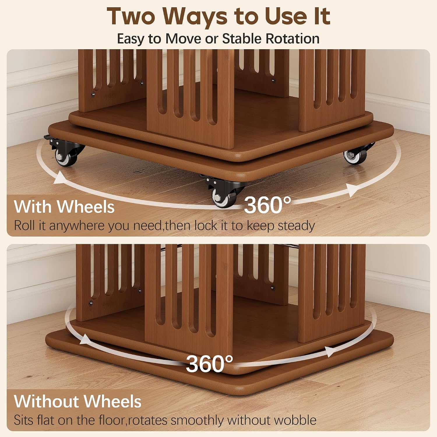 Baoz 6-Tier Walnut Bamboo Rotating Bookshelf