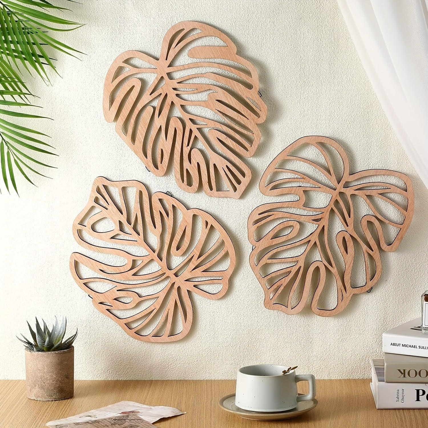 3Pcs Light Brown Palm Leaves Wood Wall Decor